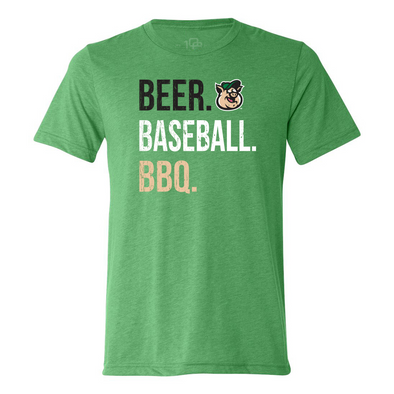 Adult Green Beer. Baseball. BBQ. Q's Tee